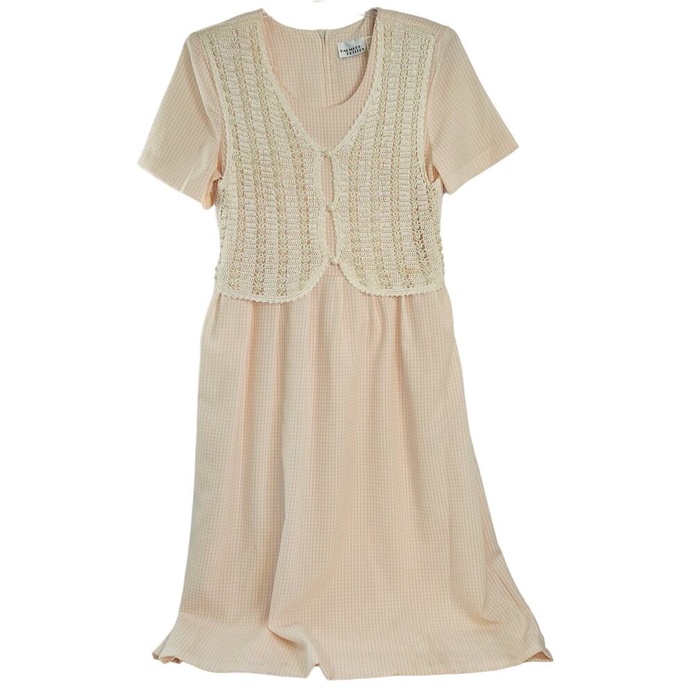 80s Vintage Cottage Core Midi Dress Crochet Vest Pastel Pink Gingham Prairie